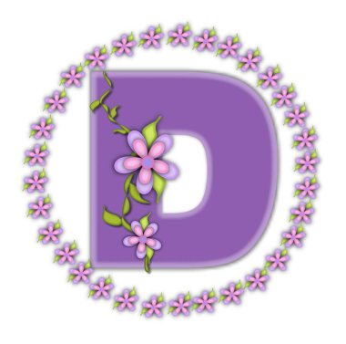 Alfabedeki D harfi, Petite Ring of Taals, yumuşak leylaktır ve bir papatya çemberiyle çevrilidir. Sarmaşıklara ve çiçeklere tırmanıyor beyaz bir arkaplanda leylak harfine sarılıyorlar..