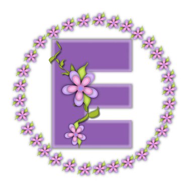 Alfabedeki E harfi, Petite Ring of Taals, yumuşak leylaktır ve bir papatya çemberiyle çevrilidir. Sarmaşıklara ve çiçeklere tırmanıyor beyaz bir arkaplanda leylak harfine sarılıyorlar..