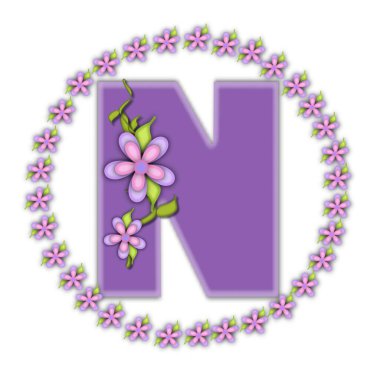 Alfabedeki N harfi, Petite Ring of Taals, yumuşak leylak rengidir ve bir papatya çemberiyle çevrilidir. Sarmaşıklara ve çiçeklere tırmanıyor beyaz bir arkaplanda leylak harfine sarılıyorlar..
