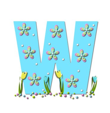 Bahar Patlamaları 'ndaki W harfi puantiyeli ve 3D çiçeklerle kaplıdır. Renkli pastel renkler harf tabanında ve laleler iki renk açar..