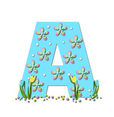 Bahar Patlamaları dizisinin A harfi, puantiyeli ve 3D çiçeklerle kaplıdır. Renkli pastel renkler harf tabanında ve laleler iki renk açar..