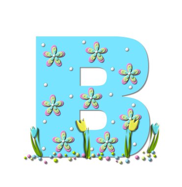 Bahar Patlamaları 'ndaki B harfi polka noktaları ve 3D çiçeklerle kaplıdır. Renkli pastel renkler harf tabanında ve laleler iki renk açar..