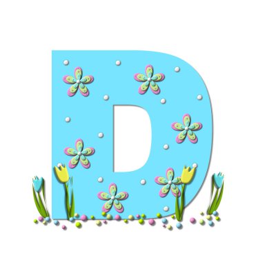 Bahar Patlamalarındaki D harfi puantiyeli ve 3D çiçeklerle kaplıdır. Renkli pastel renkler harf tabanında ve laleler iki renk açar..