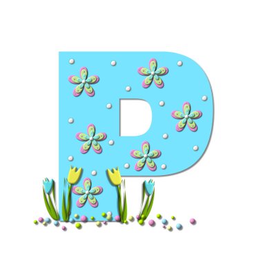 Bahar Patlamaları 'ndaki P harfi puantiyeli ve 3D çiçeklerle kaplıdır. Renkli pastel renkler harf tabanında ve laleler iki renk açar..