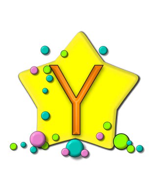Alfabedeki Y, Yıldızlar ve Gezegenler dizisinde, renkli, pastel gezegenlerle çevrili büyük sarı bir yıldızın üzerinde oturmaktadır. Harf siyah ile özetlenmiş..