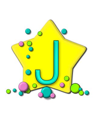 J, in the alphabet set Stars and Planets, sits on a large yellow star surrounded by colorful, pastel planets.  Letter is outlined in black.