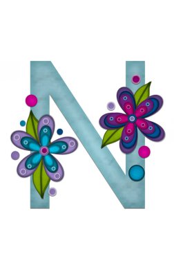 Teal renkli N harfi, kağıt stili harfler renkli çiçeklerle süslenir. Çemberler ve benekler harflerin üzerine serpilmiş..