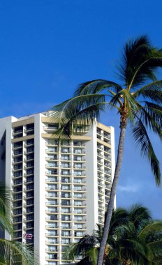 Waikiki, Hawaii 'deki palmiye ağaçlarının üzerinde yüksek katlı bir apartman. Japon bayrağı en alt katlarda dalgalanıyor..