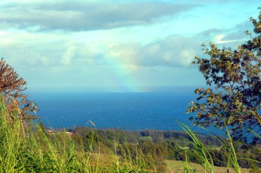 Rainbow ends in the ocean off the Hamakua Coast on the Big Island of Hawaii.  Showers are still falling on the ocean's horizon. clipart