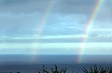 Double rainbow appears after a brief shower on the Big Island of Hawaii.  The end of the rainbow shows up as it ends on the surface of the ocean on the Hamakua Coast. clipart