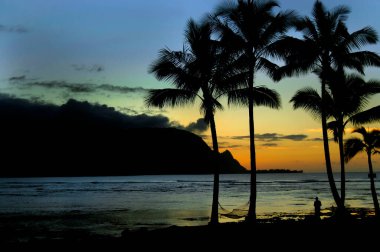 Hawaii, Kauai 'de güneş dağların ve ufkun üzerinde batar. Palmiye ağaçları ve saatler arasında duruyor. Huzurlu ve huzurlu bir sahne..                              