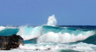 Siyah lav kayaları, su mavi sularıyla kayalık bir plaj oluşturur. Dalgalar yüksektir ve bu dalgalar Hawaii 'nin Büyük Adası' ndaki Ahalanui Sahili 'nin siyah kayalarının üzerinde kıvrılır ve yuvarlanır..