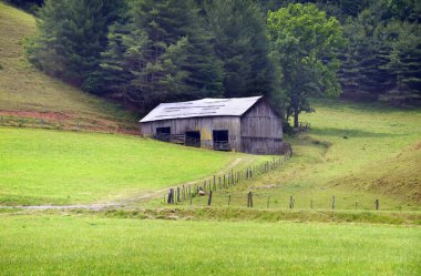 Kırsal, ahşap ahır Tennessee 'deki Appalachian Dağları' nın eteklerinde bulunur. Yaz mevsimi yeşil otlaklar etrafını sarmış ahır.