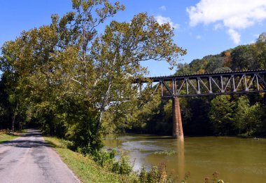 North Fork of the Holston River has old railroad bridge that is still in use.  It is located in Kingsport, Tennessee.  Road runs along edge of river. clipart