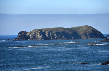 Oregon, Myers Sahili açıklarında engebeli bir ada var. Mavi Pasifik Okyanusu kayalık adayı çevreledi.