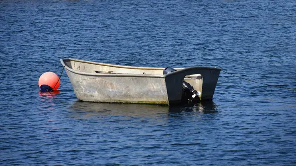 Alüminyum motorlu tekne Yaquina Körfezi, Newport, Oregon 'da yüzer. Bir ornitorenk kordonuna bağlı..