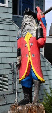 Newport, Oregon 'da arka tarafta kırsal, yıpranmış, yontulmuş bir korsan ve papağan heykeli var. Tahta bacak ve kanca denizcilik temasını tamamlar.