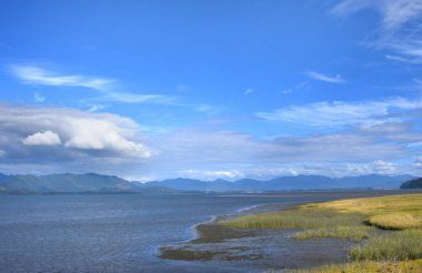 Newtarts Körfezi mavi gökyüzü ve bulutlarla kaplı. Tiday düzlükleri mesafeye kadar uzanıyor ve Oregon Sahil Poligonu 'nda bitiyor..
