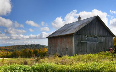 Kırsal, yıpranmış ahşap ahır Vermont 'taki sonbahar değişikliklerinin iyi bir manzarası ile tepede duruyor. Gökyüzü mavi bulutlarla.