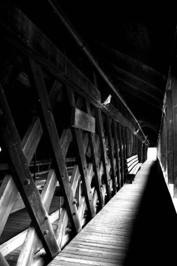Siyah ve beyaz görüntü, New Hampshire 'daki Haverhill-Bath Kapalı Köprüsü' nün yayanın içinden sarkan örümcek ağlarını gösteriyor. Bankta tünelin sonuna doğru oturuyor..