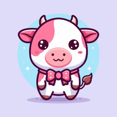Pembe şirin inek çizimi, düz vektör konseptiyle.