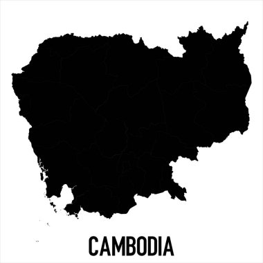 Kamboçya Haritası - Beyaz zemin üzerinde yüksek detaylı izole edilmiş siyah Dünya Haritası Uluslararası vektör şablonu -