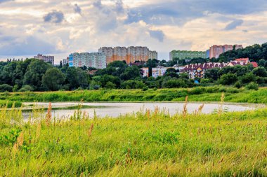 Şehrin kenar mahalleleri, nehre batmış yeşillikler içinde. Yüksek kalite fotoğraf