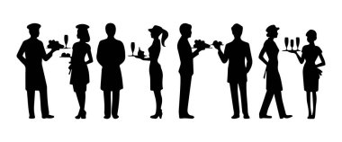 Restoran çalışanlarının siluetleri ve garsonlar Yiyecek ve İçecekler - Vektör İllüstrasyonu