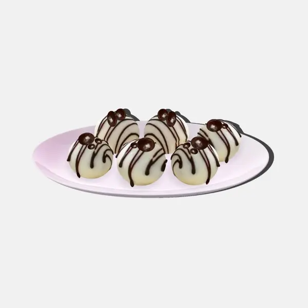 Ev yapımı çikolatalı toplar: Beyaz arka planda izole edilmiş, erimiş çikolata ve çikolata taneleriyle kaplı pembe bir tabakta ev yapımı çikolata topları..
