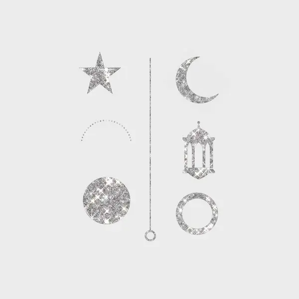 Dekor Ögeleri: Gri, Gümüş renkli dekor ögeleri, ay, yıldız, daireler ve zincirler, beyaz arkaplanda izole edilmiş