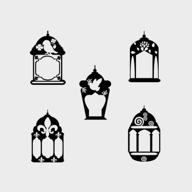 Kaligrafi Feneri Kümesi: Şekiller kesme işi, siyah fener beyaz arkaplanda izole edilmiş.