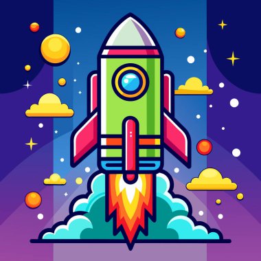 Şirket kurmak için roket ve fotokopi alanı çizimi ve bitcoin reklamları.