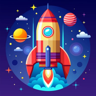 Şirket kurmak için roket ve fotokopi alanı çizimi ve bitcoin reklamları.