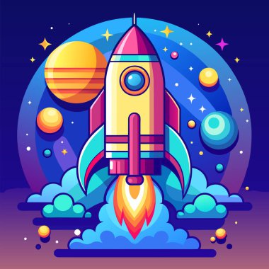 Şirket kurmak için roket ve fotokopi alanı çizimi ve bitcoin reklamları.