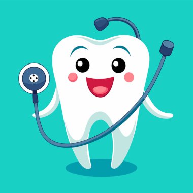Mutlu diş vektörü çizimleri. Çizgi film karakteri. Şirin dişçi maskotu. Ağız sağlığı ve diş muayenesi. Tıbbi dişçi aracı.