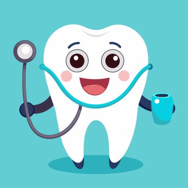 Mutlu diş vektörü çizimleri. Çizgi film karakteri. Şirin dişçi maskotu. Ağız sağlığı ve diş muayenesi. Tıbbi dişçi aracı.