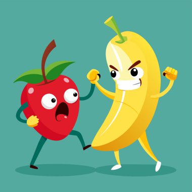 muz karakteri elma tatlısı çizgi film vektörüyle kavga ediyor