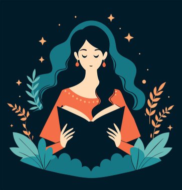 Genç bir kadın, çiçek, yaprak ve bitkileri çevreleyen açık bir kitap açıyor. Okula dönmek, kütüphane tasarımı. Vektör illüstrasyonu, poster ve afiş kitabı festivali konsepti