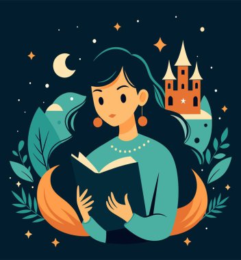 Genç bir kadın, çiçek, yaprak ve bitkileri çevreleyen açık bir kitap açıyor. Okula dönmek, kütüphane tasarımı. Vektör illüstrasyonu, poster ve afiş kitabı festivali konsepti