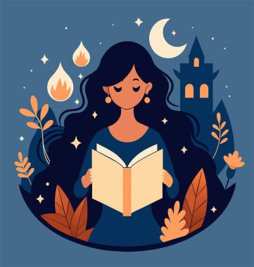 Genç bir kadın, çiçek, yaprak ve bitkileri çevreleyen açık bir kitap açıyor. Okula dönmek, kütüphane tasarımı. Vektör illüstrasyonu, poster ve afiş kitabı festivali konsepti