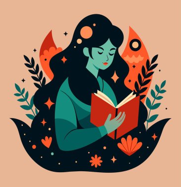 Genç bir kadın, çiçek, yaprak ve bitkileri çevreleyen açık bir kitap açıyor. Okula dönmek, kütüphane tasarımı. Vektör illüstrasyonu, poster ve afiş kitabı festivali konsepti