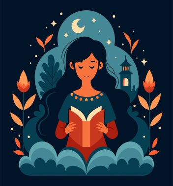 Genç bir kadın, çiçek, yaprak ve bitkileri çevreleyen açık bir kitap açıyor. Okula dönmek, kütüphane tasarımı. Vektör illüstrasyonu, poster ve afiş kitabı festivali konsepti