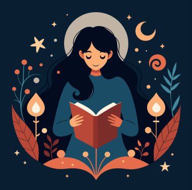 Genç bir kadın, çiçek, yaprak ve bitkileri çevreleyen açık bir kitap açıyor. Okula dönmek, kütüphane tasarımı. Vektör illüstrasyonu, poster ve afiş kitabı festivali konsepti