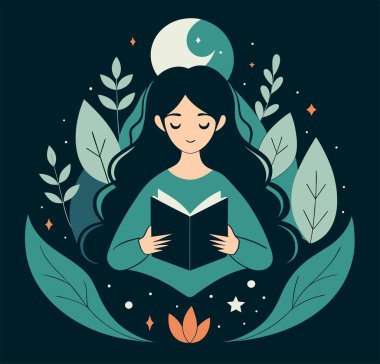 Genç bir kadın, çiçek, yaprak ve bitkileri çevreleyen açık bir kitap açıyor. Okula dönmek, kütüphane tasarımı. Vektör illüstrasyonu, poster ve afiş kitabı festivali konsepti