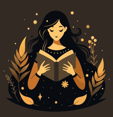 Genç bir kadın, çiçek, yaprak ve bitkileri çevreleyen açık bir kitap açıyor. Okula dönmek, kütüphane tasarımı. Vektör illüstrasyonu, poster ve afiş kitabı festivali konsepti