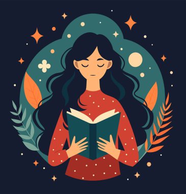 Genç bir kadın, çiçek, yaprak ve bitkileri çevreleyen açık bir kitap açıyor. Okula dönmek, kütüphane tasarımı. Vektör illüstrasyonu, poster ve afiş kitabı festivali konsepti