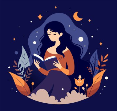 Genç bir kadın, çiçek, yaprak ve bitkileri çevreleyen açık bir kitap açıyor. Okula dönmek, kütüphane tasarımı. Vektör illüstrasyonu, poster ve afiş kitabı festivali konsepti