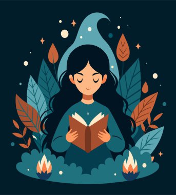 Genç bir kadın, çiçek, yaprak ve bitkileri çevreleyen açık bir kitap açıyor. Okula dönmek, kütüphane tasarımı. Vektör illüstrasyonu, poster ve afiş kitabı festivali konsepti