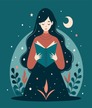 Genç bir kadın, çiçek, yaprak ve bitkileri çevreleyen açık bir kitap açıyor. Okula dönmek, kütüphane tasarımı. Vektör illüstrasyonu, poster ve afiş kitabı festivali konsepti