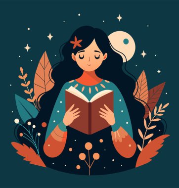 Genç bir kadın, çiçek, yaprak ve bitkileri çevreleyen açık bir kitap açıyor. Okula dönmek, kütüphane tasarımı. Vektör illüstrasyonu, poster ve afiş kitabı festivali konsepti